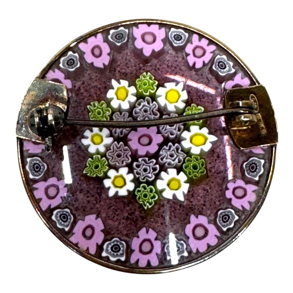 Vintage Millefiori Italy Art Glass Brooch 925 Sterling Silver Floral Design Pin
